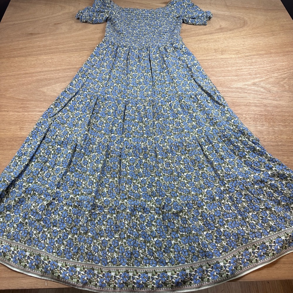 Max Studio Floral Smocked Maxi Dress Blue Cottagecore Puff Sleeve Women S - Picture 3 of 5